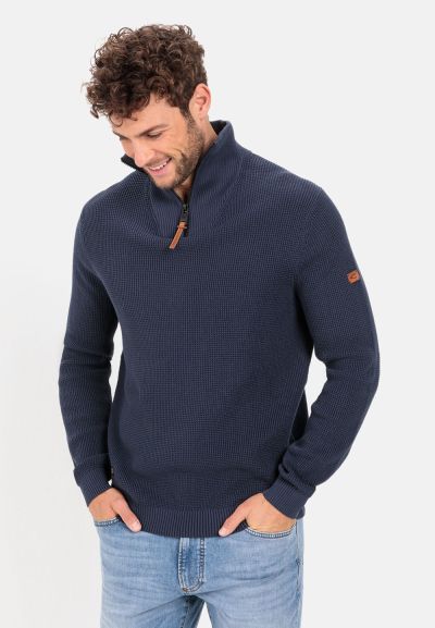Памучен пуловер с цип Camel Active, тъмно син