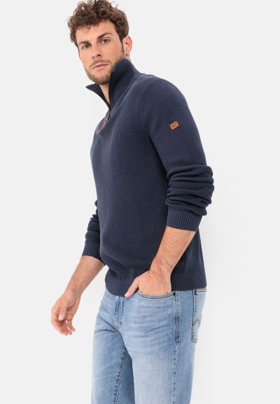 Памучен пуловер с цип Camel Active, тъмно син